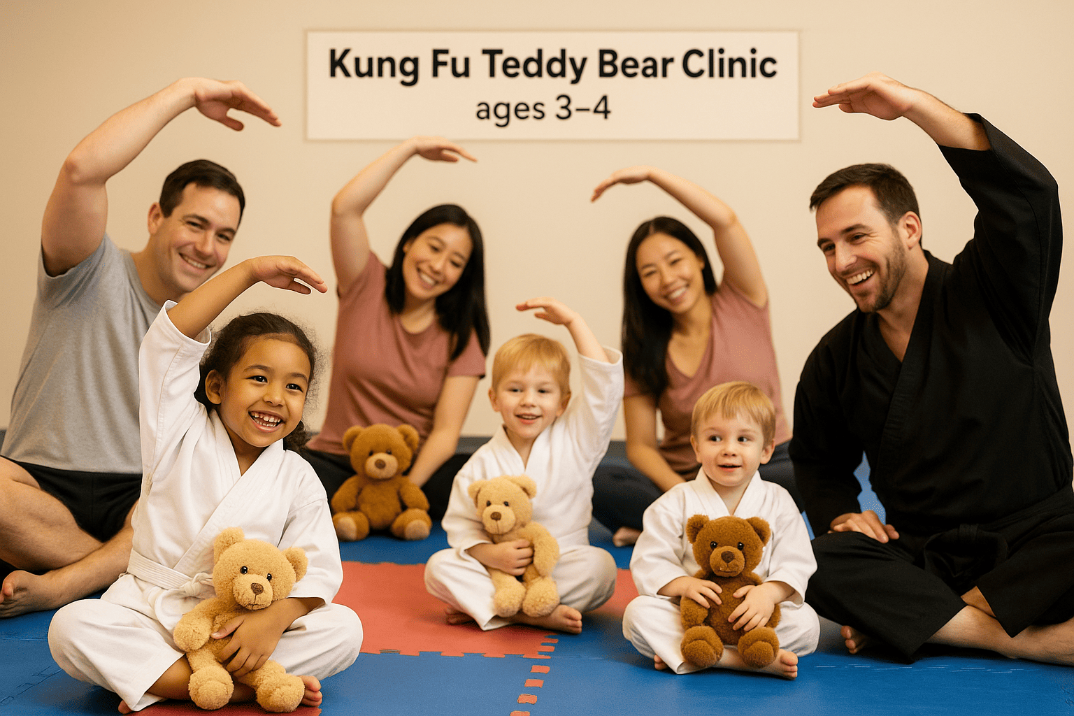 Parents and children in martial arts class with teddy bears